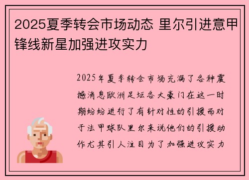 2025夏季转会市场动态 里尔引进意甲锋线新星加强进攻实力